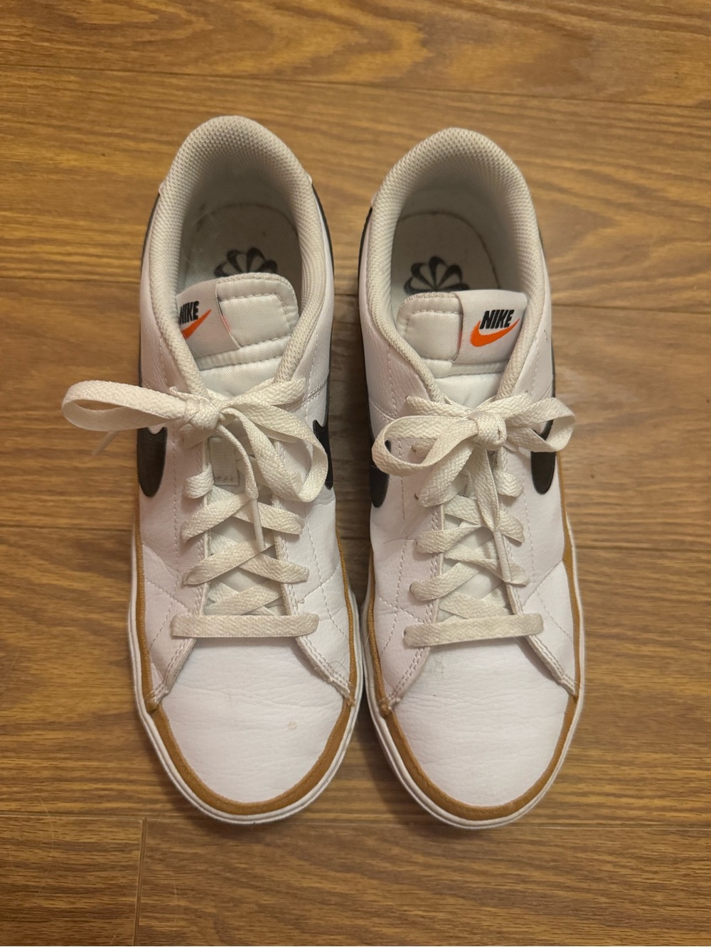 Nike Court Legacy White Sneakers with Black Swoosh and Tan Trim - Men’s Low-Top